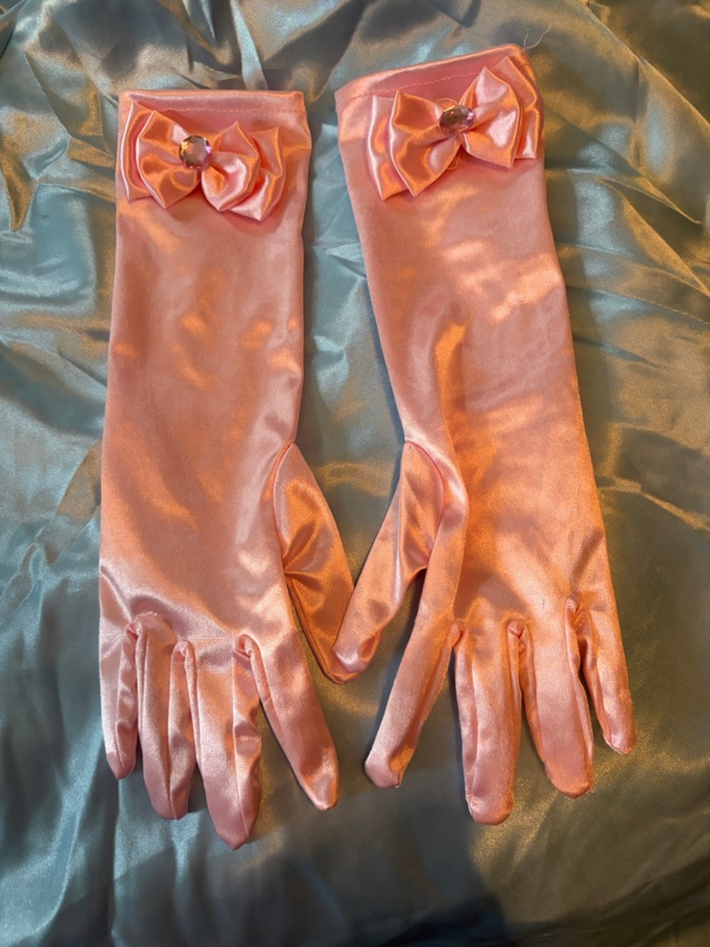 Satin Long Pink Evening Gloves with Bow & Jewel